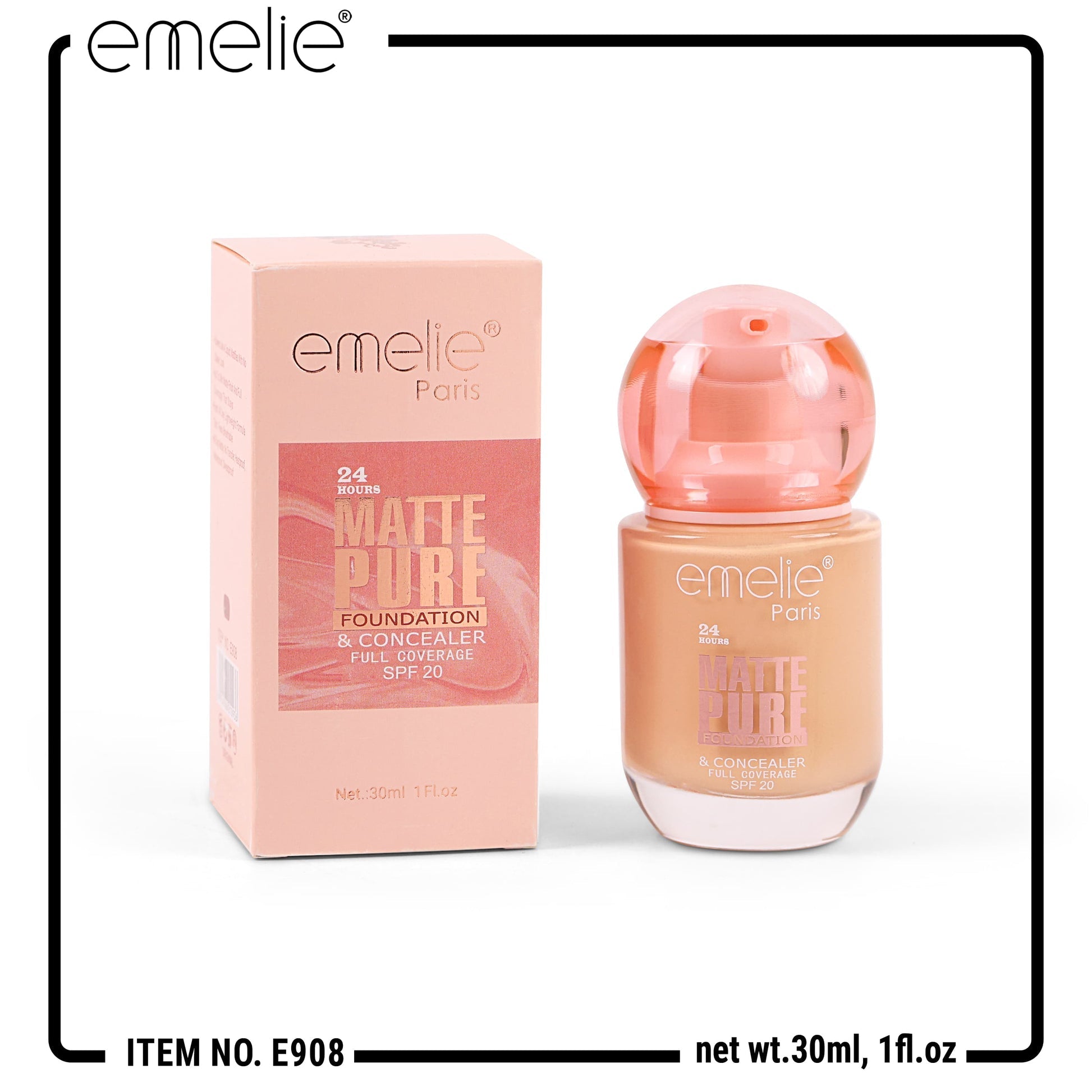 EmelieÂ® 24HR Matte Pure Foundation & Concealer â€“ Full Coverage, SPF 20 (30ml) Emelie Cosmetics