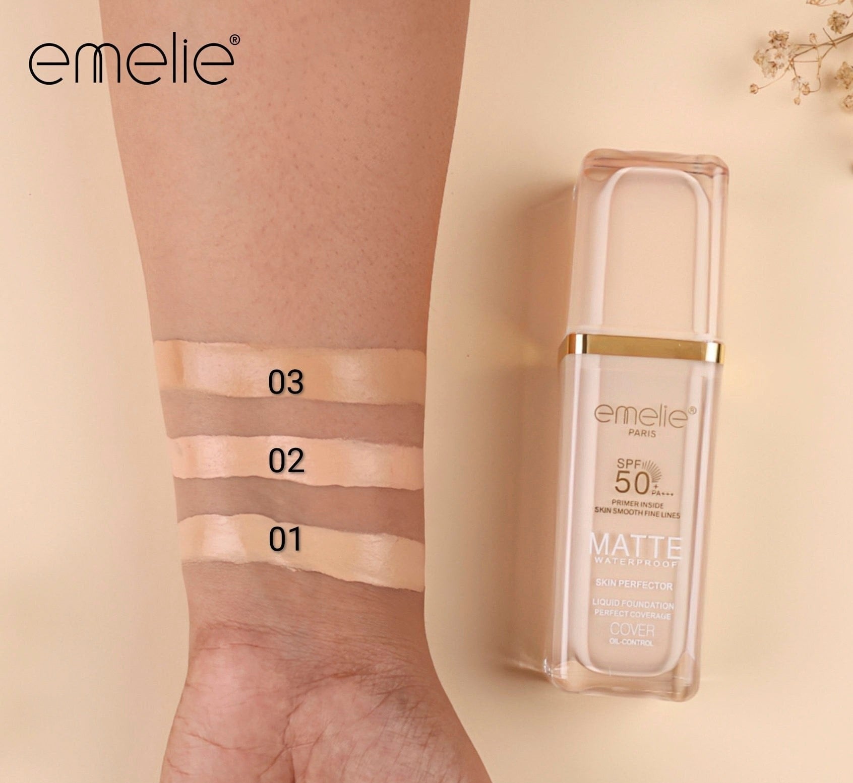 SPF 50+ Foundation with Primer - 2-in-1 Full Coverage, Matte, Waterproof, Long Wear Emelie Cosmetics.pk