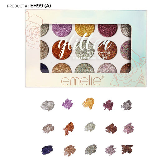 15 Color Emelie Glitter Eyeshadow Emelie Cosmetics.pk