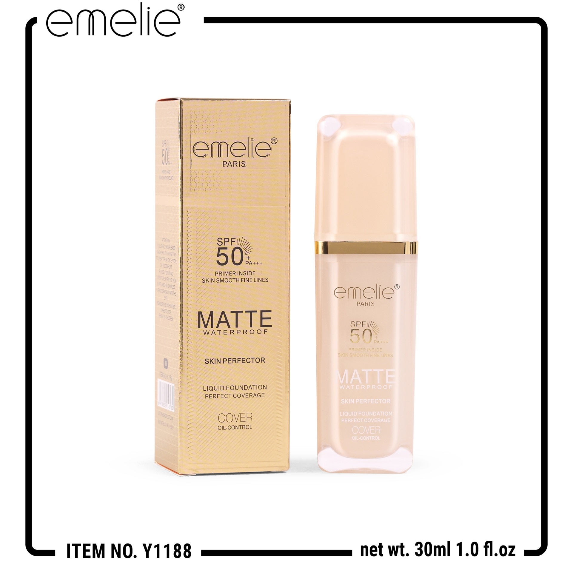 SPF 50+ Foundation with Primer - 2-in-1 Full Coverage, Matte, Waterproof, Long Wear Emelie Cosmetics.pk
