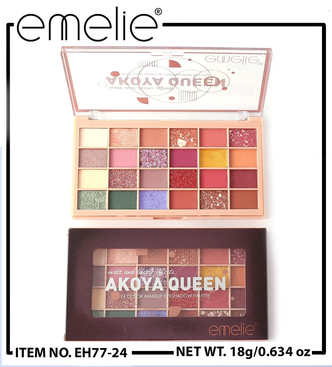 AKOYA Queen 24 Color Glitter Eyeshadow Pallete Emelie Cosmetics.pk